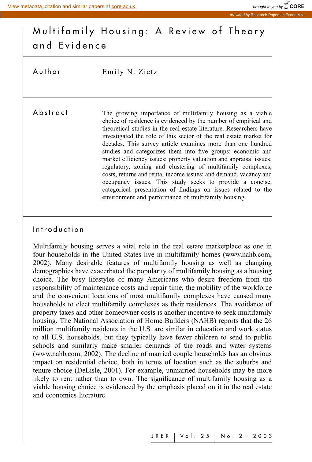 Multifamily Housing: a Review of Theory and Evidence