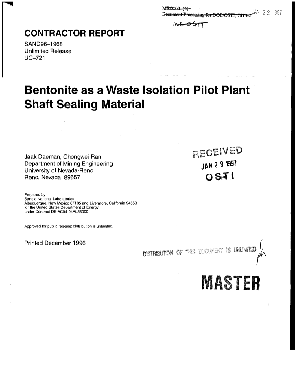 Bentonite As a Waste Isolation Pilot Plant Shaft Sealing Material