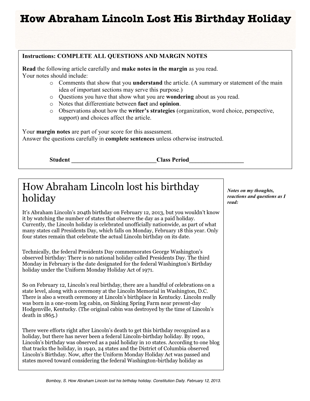 How Abraham Lincoln Lost His Birthday Holiday (1230L)
