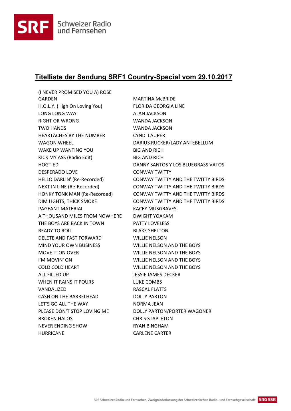 Titelliste Der Sendung SRF1 Country-Special Vom 29.10.2017