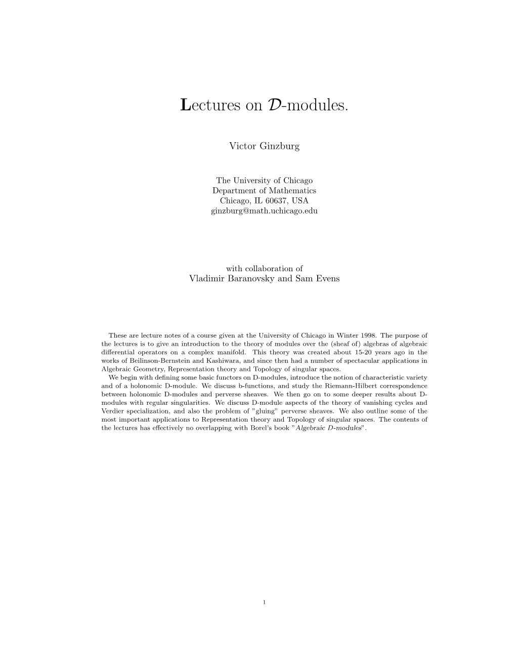 Lectures on D-Modules