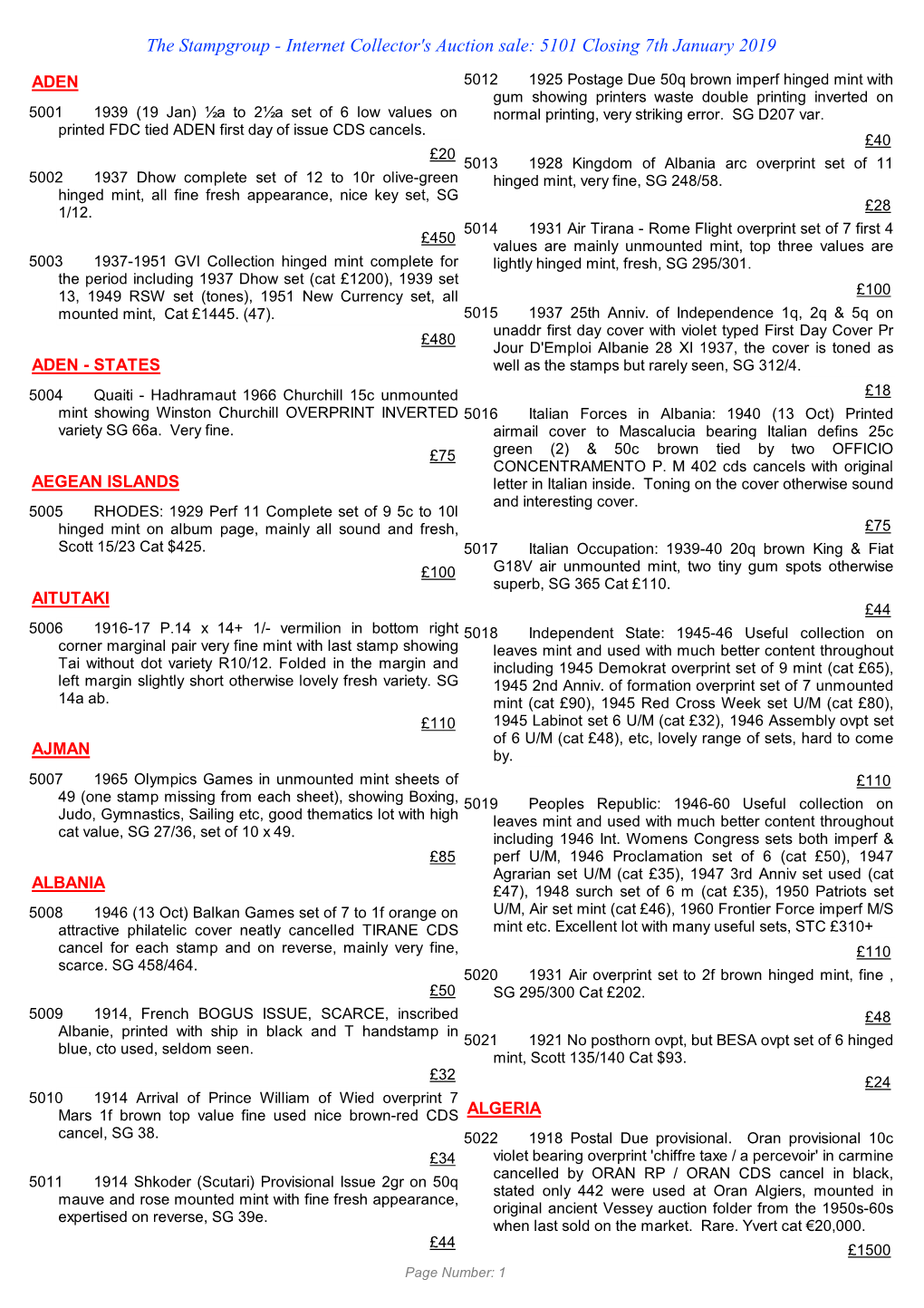 The Stampgroup - Internet Collector's Auction Sale: 5101 Closing 7Th January 2019