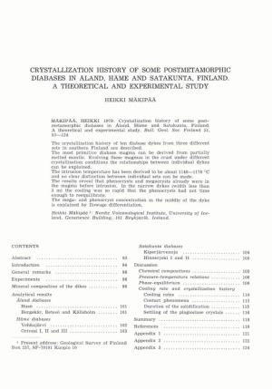 Crystallization History of Some Postmetamorphic Diabases in Aland, Häme and Satakunta, Finland