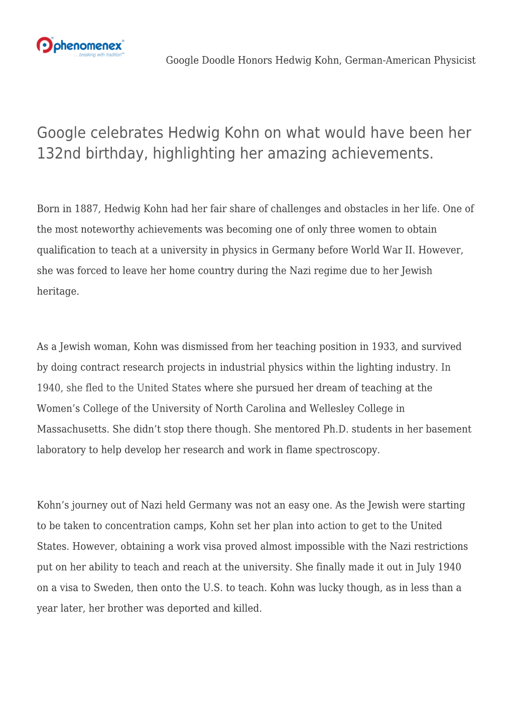 Google Doodle Honors Hedwig Kohn, German-American Physicist