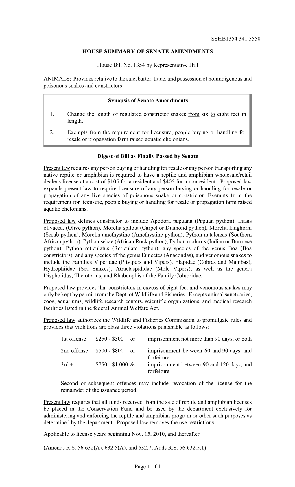 Summary of Senate Amendments to HB1354