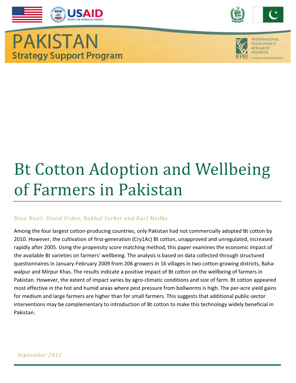 Bt Cotton Adoption and Wellbeing of Farmers in Pakistan