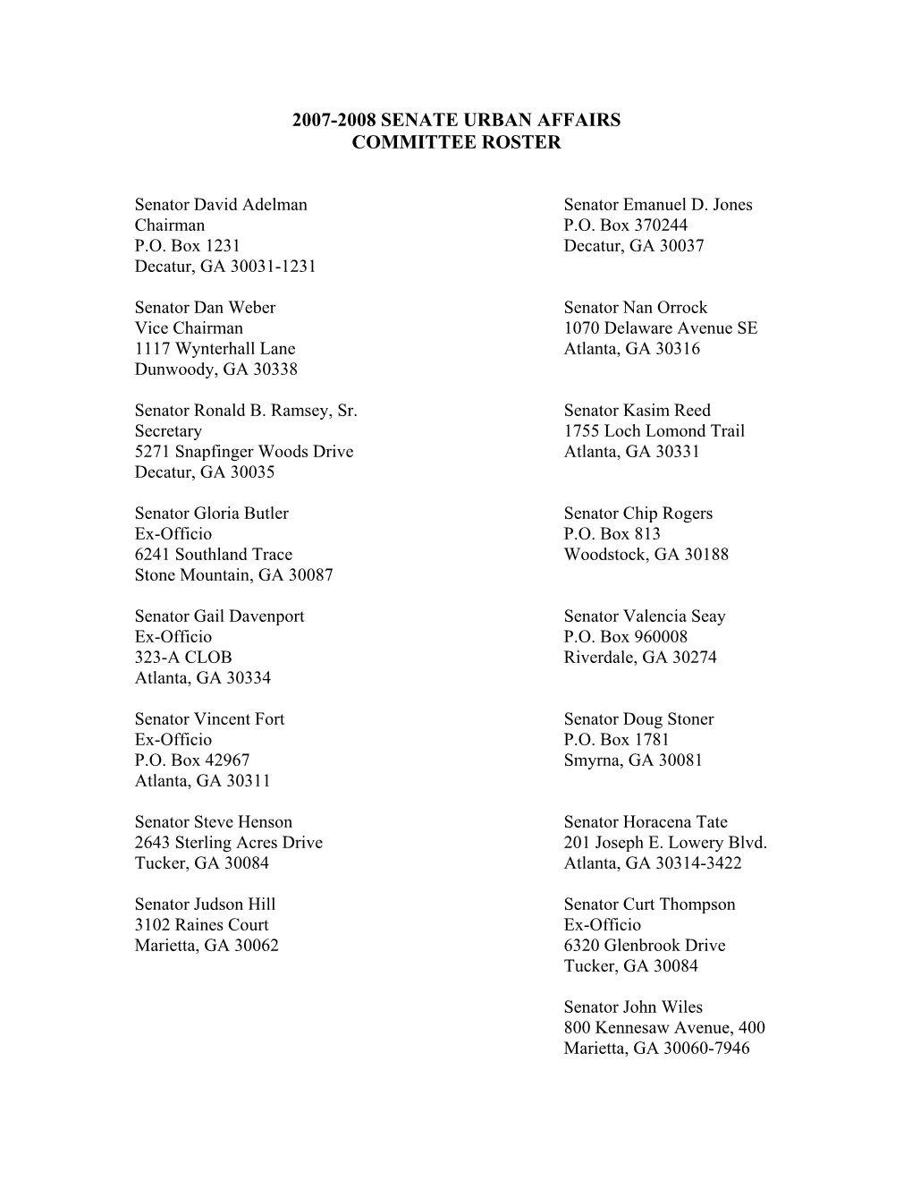 2007-2008 Senate Urban Affairs Committee Roster