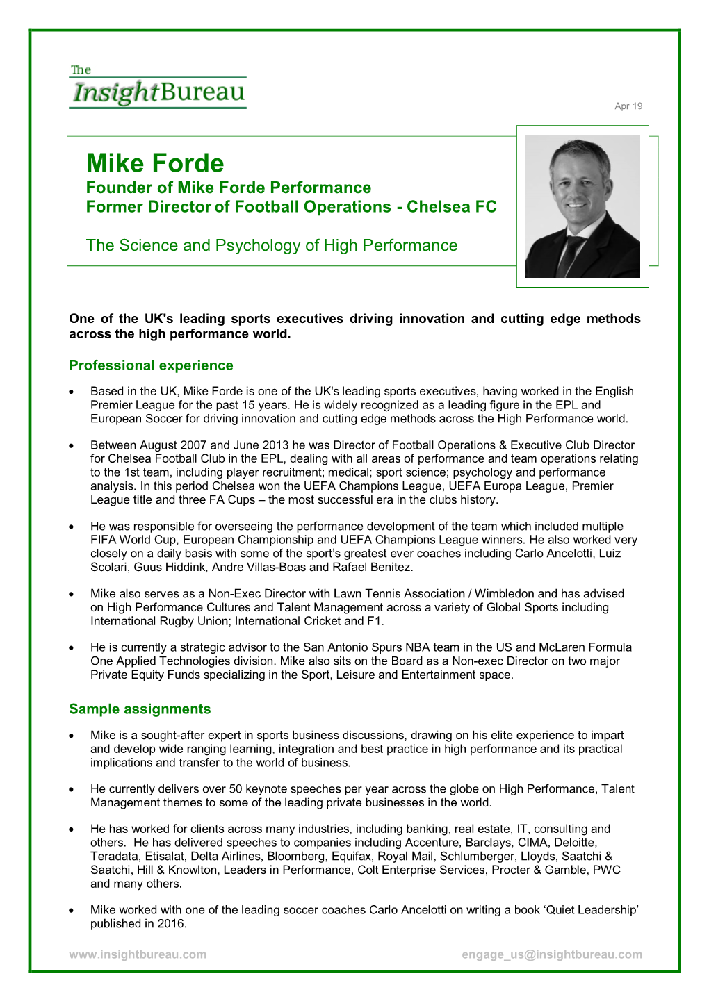 Mike Forde Founder of Mike Forde Performance Former Director of Football Operations - Chelsea FC