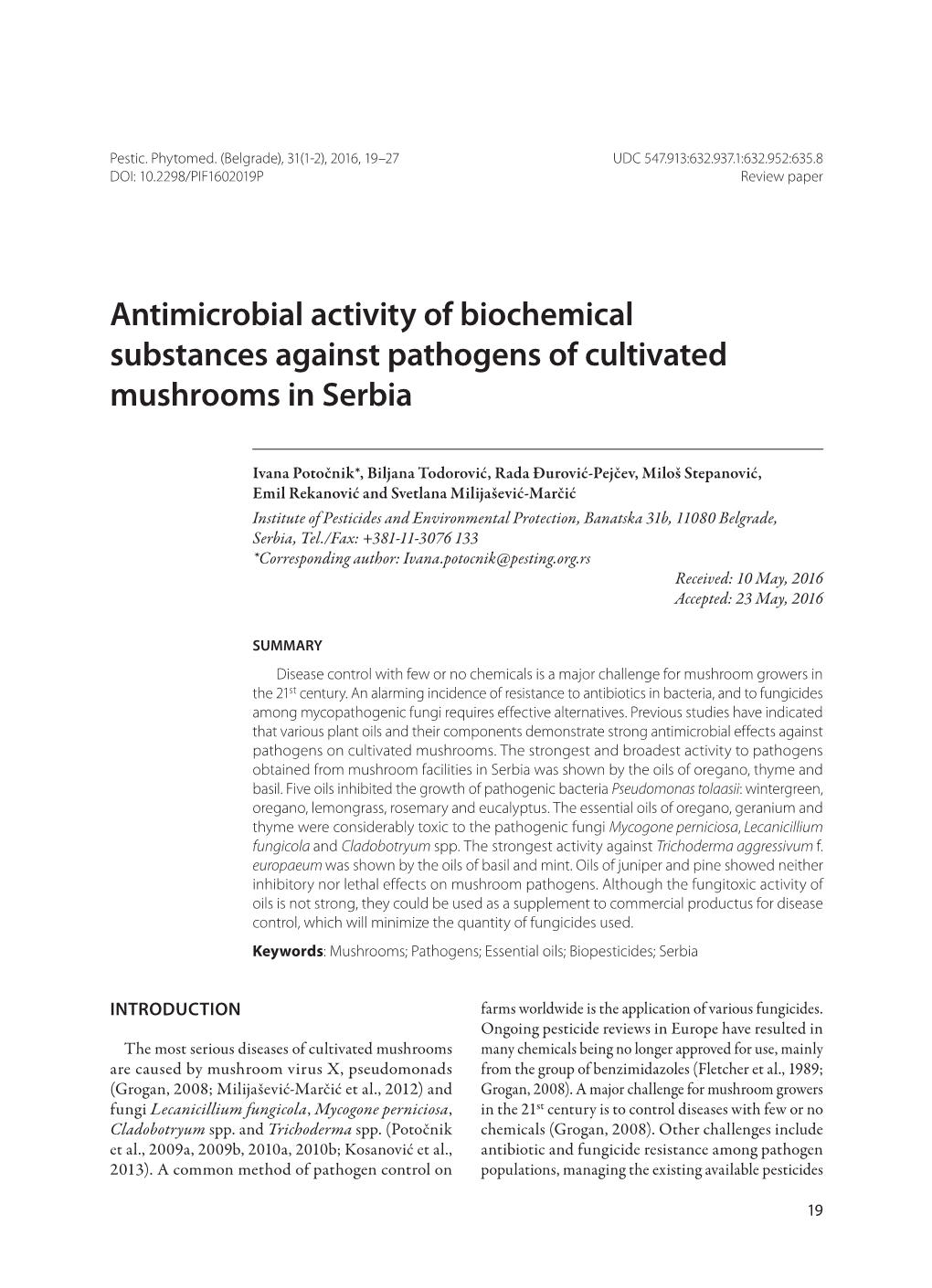 Antimicrobial Activity of Biochemical Substances Against Pathogens of Cultivated Mushrooms in Serbia