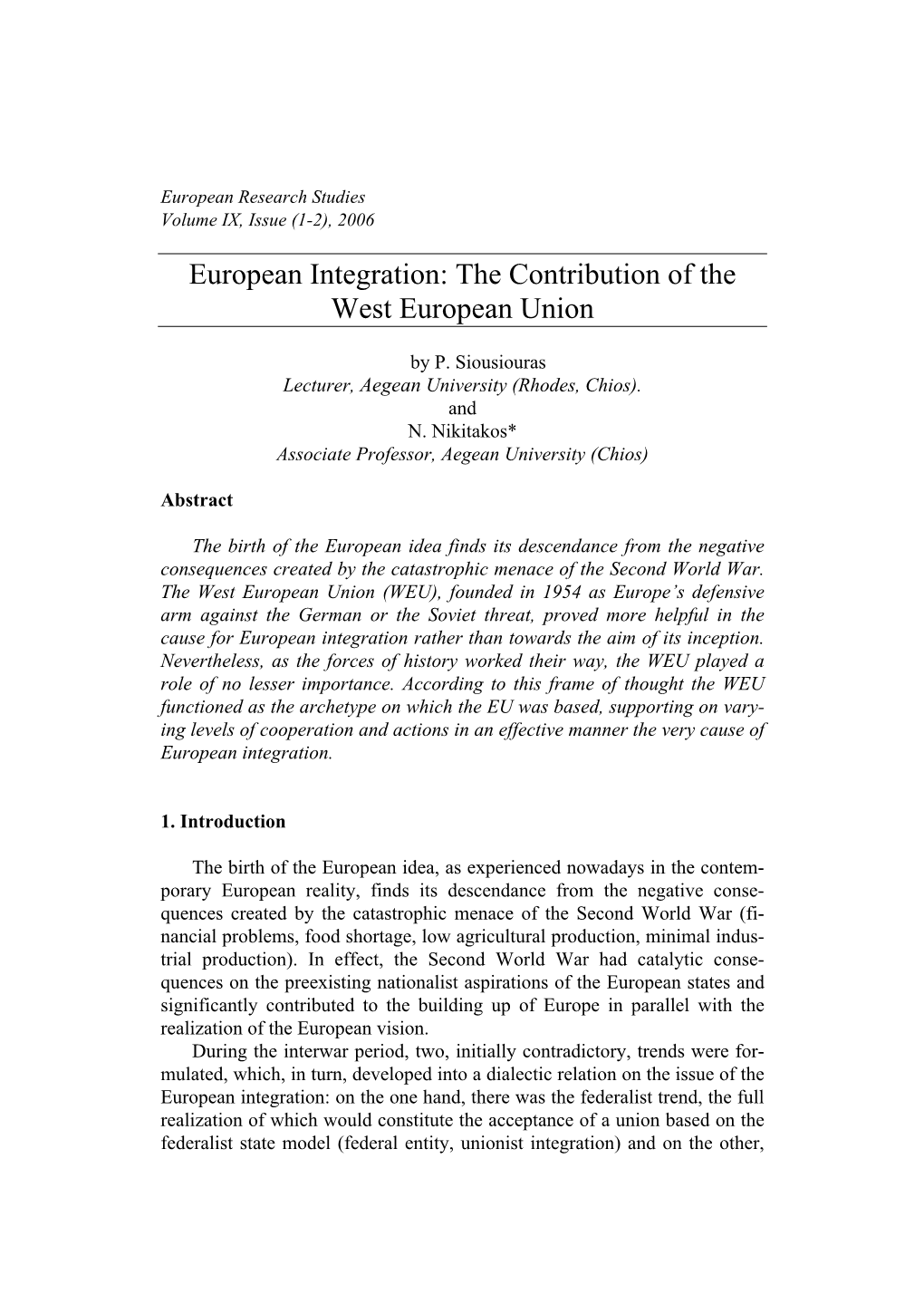 European Integration: the Contribution of the West European Union