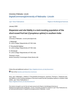 Dispersion and Site Fidelity in a Tent-Roosting Population of the Short-Nosed Fruit Bat (Cynopterus Sphinx) in Southern India