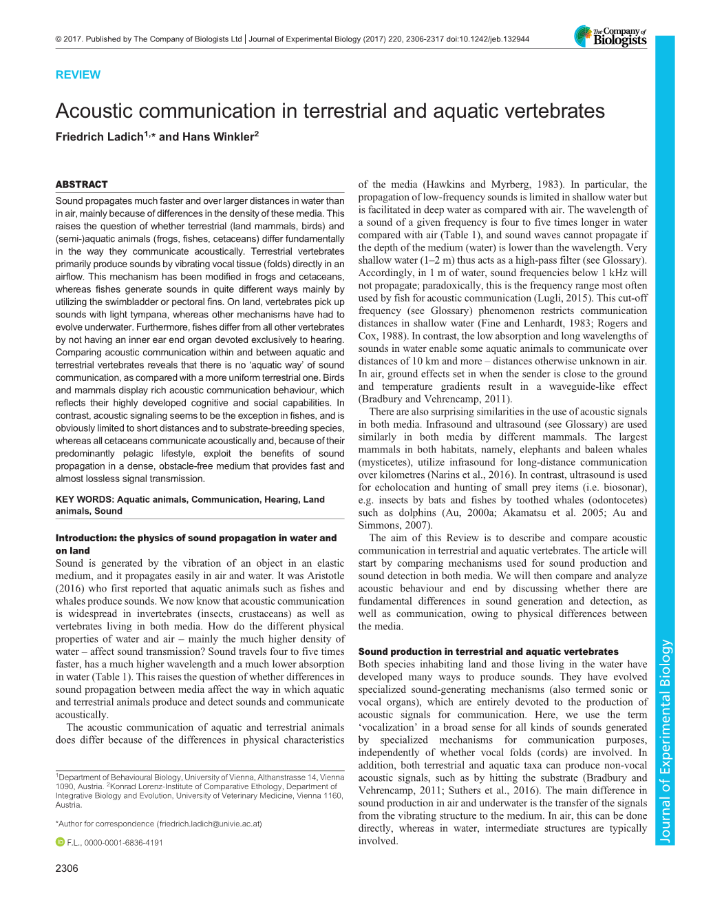 Acoustic Communication in Terrestrial and Aquatic Vertebrates Friedrich Ladich1,* and Hans Winkler2