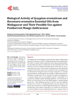 Biological Activity of Syzygium Aromaticum and Ravensara Aromatica Essential Oils from Madagascar and Their Possible Use Against Postharvest Mango Anthracnose