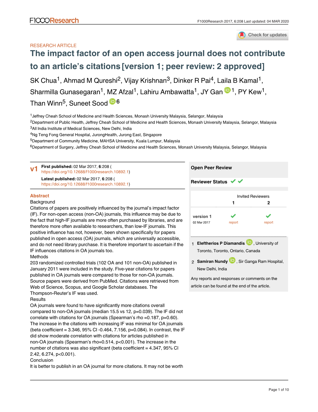 The Impact Factor of an Open Access Journal Does Not Contribute to An