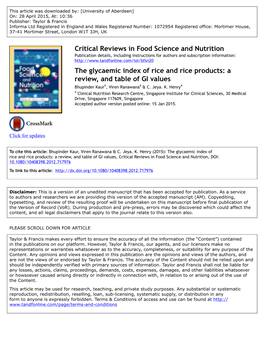 Critical Reviews in Food Science and Nutrition the Glycaemic Index Of