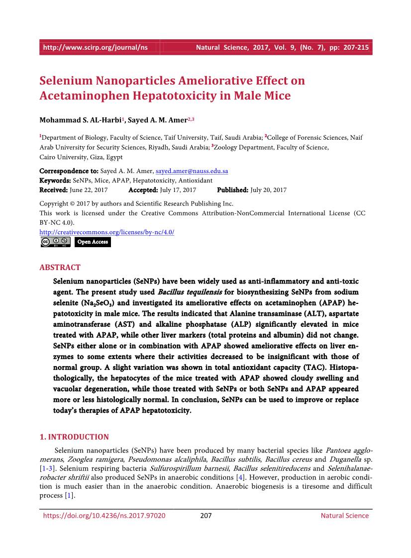 Selenium Nanoparticles Ameliorative Effect on Acetaminophen Hepatotoxicity in Male Mice