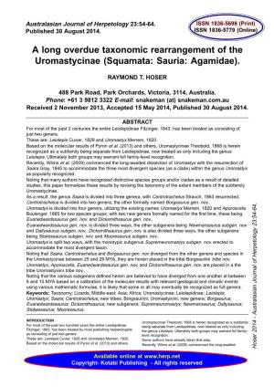 A Long Overdue Taxonomic Rearrangement of the Uromastycinae (Squamata: Sauria: Agamidae)