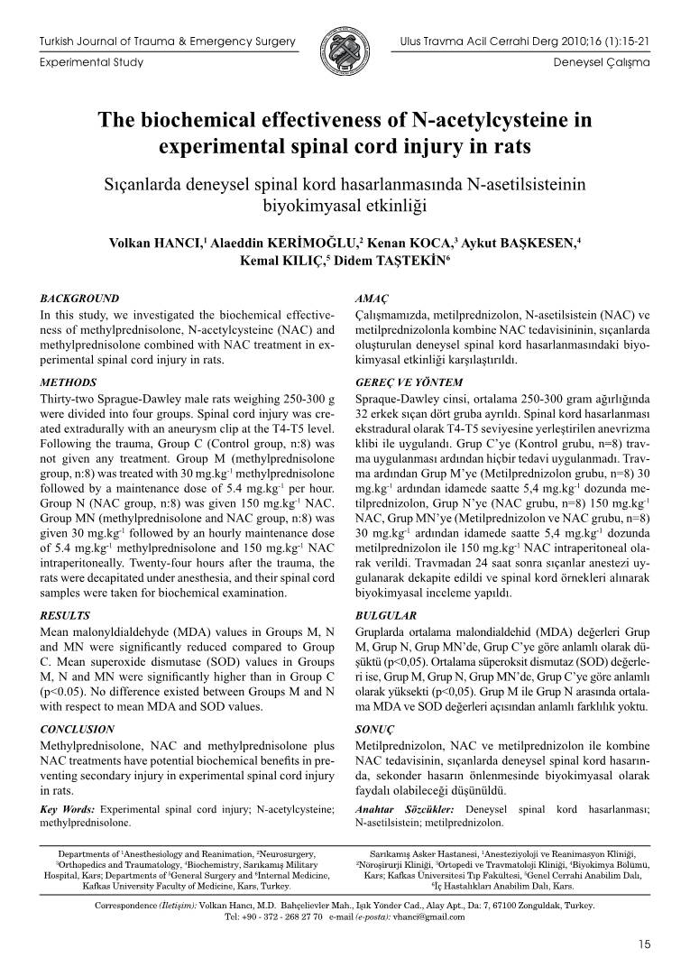 The Biochemical Effectiveness of N-Acetylcysteine in Experimental Spinal Cord Injury in Rats