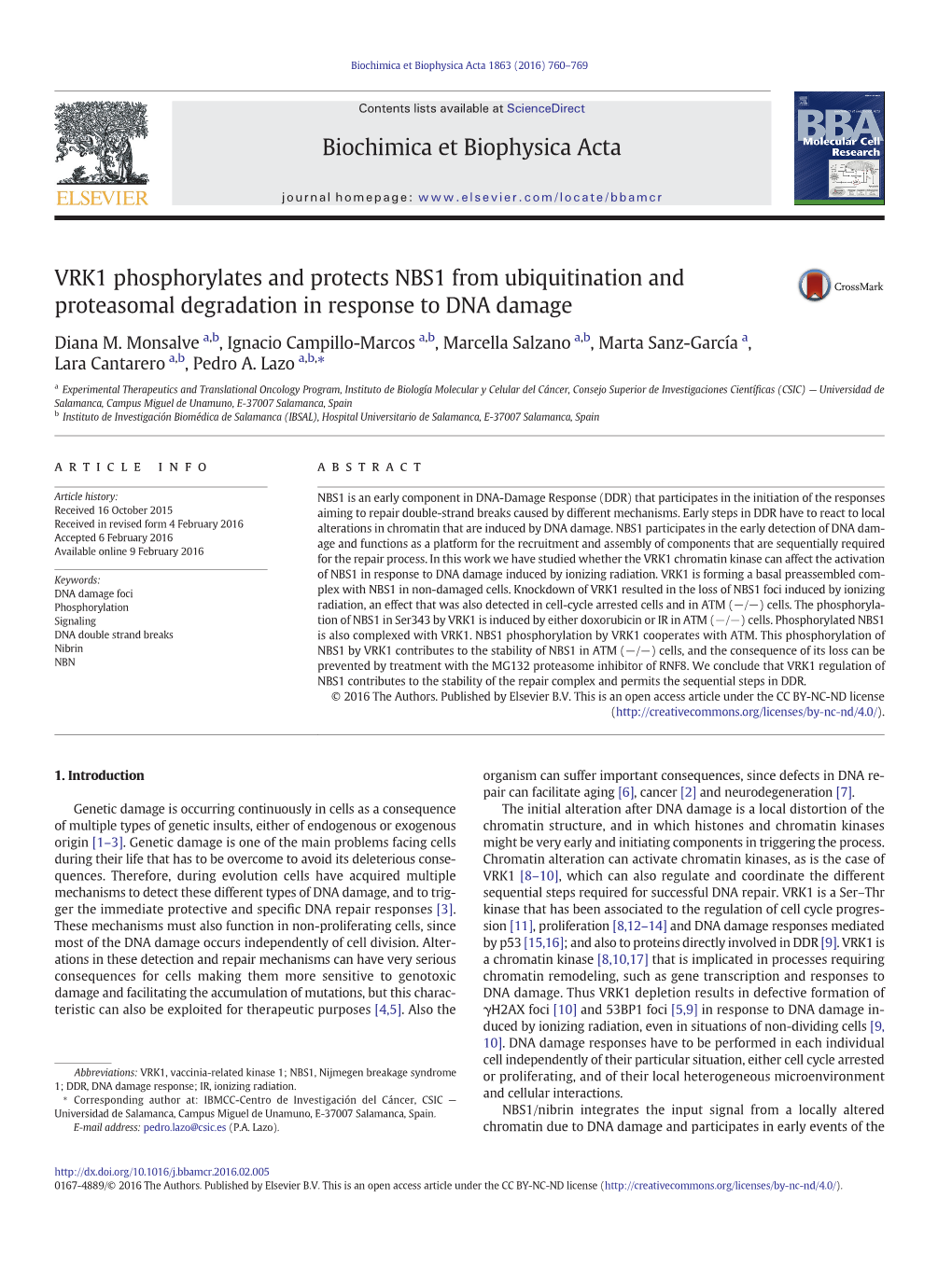 VRK1 Phosphorylates and Protects NBS1 from Ubiquitination and Proteasomal Degradation in Response to DNA Damage