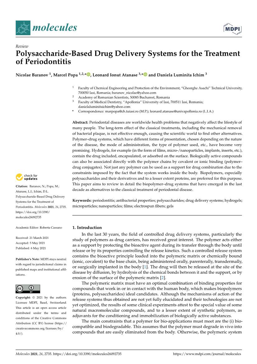Polysaccharide-Based Drug Delivery Systems for the Treatment of Periodontitis