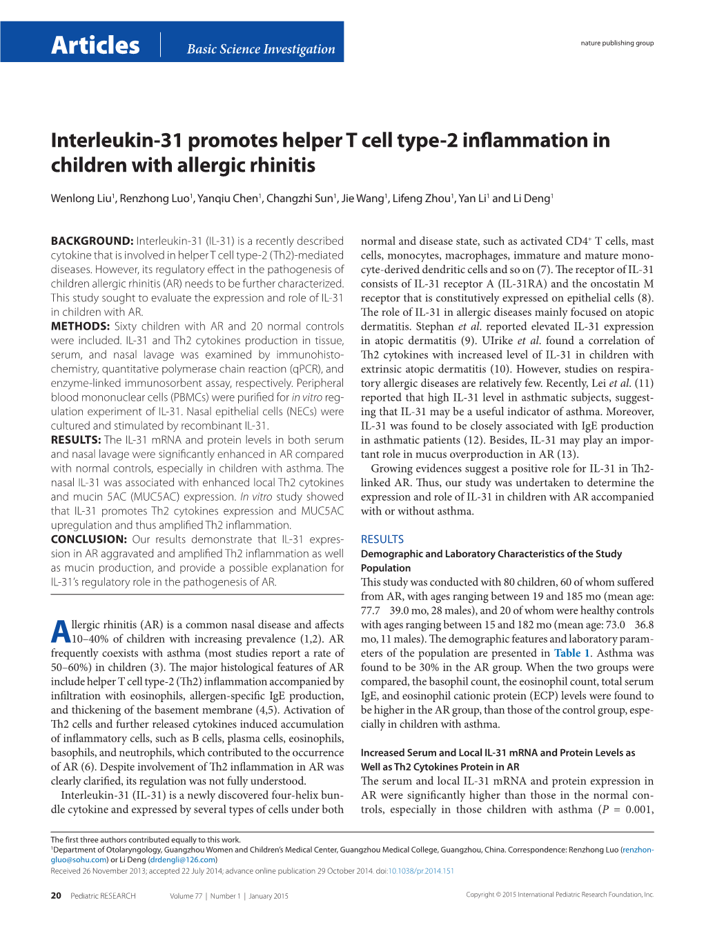 Interleukin-31 Promotes Helper T Cell Type-2 Inflammation in Children with Allergic Rhinitis