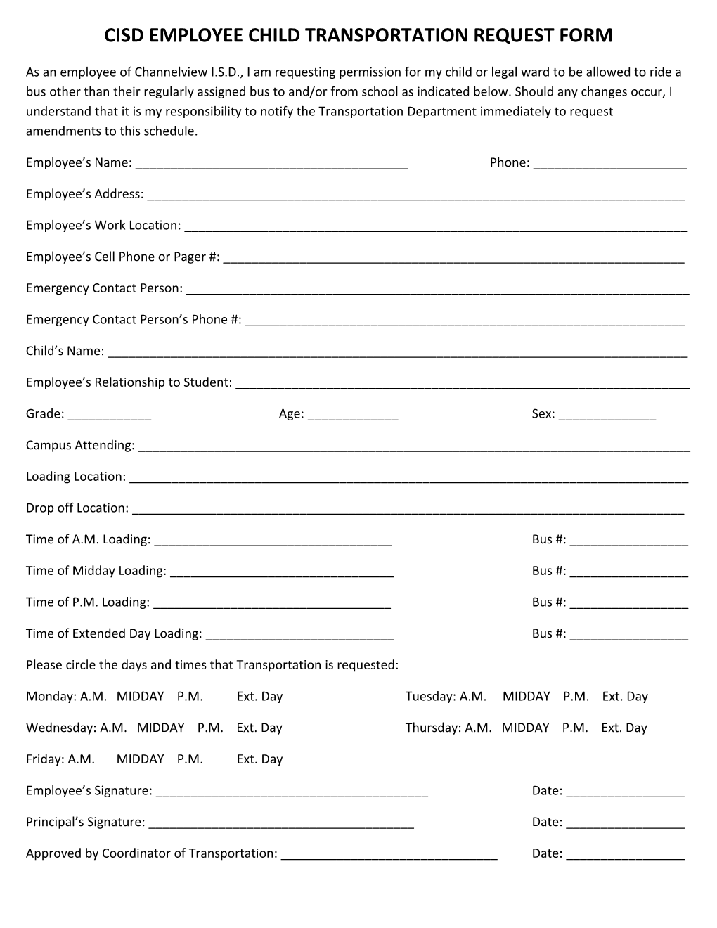 Cisd Employee Child Transportation Request Form