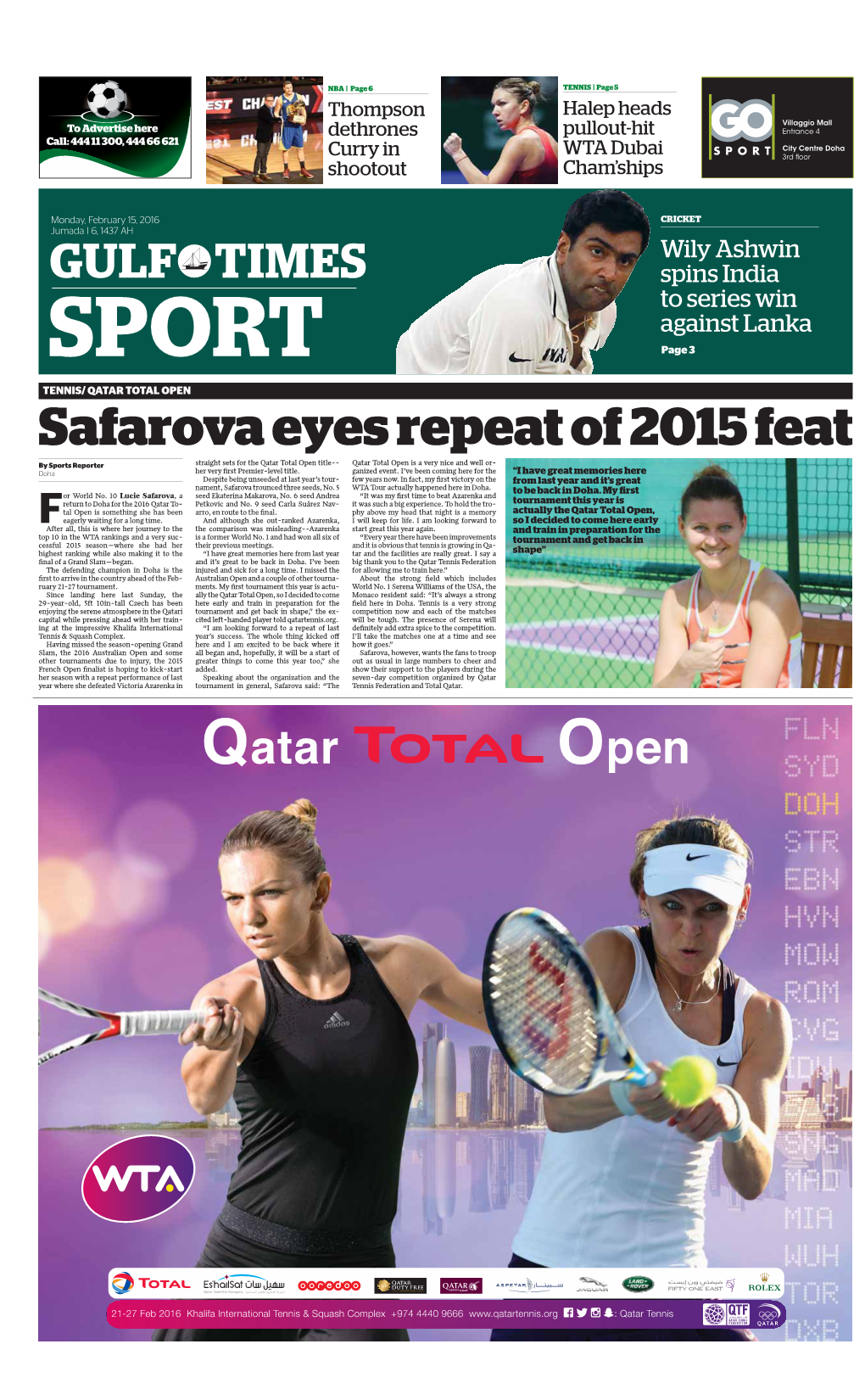 Safarova Eyes Repeat of 2015 Feat