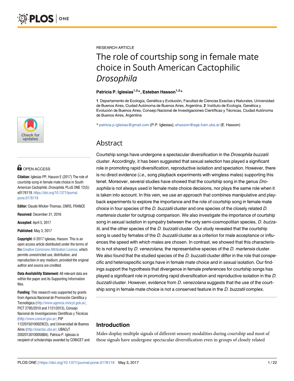 The Role of Courtship Song in Female Mate Choice in South American Cactophilic Drosophila