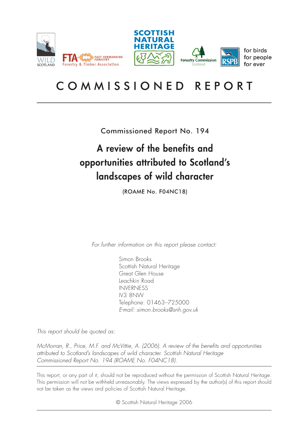 SNH Commissioned Report 194: a Review of the Benefits And