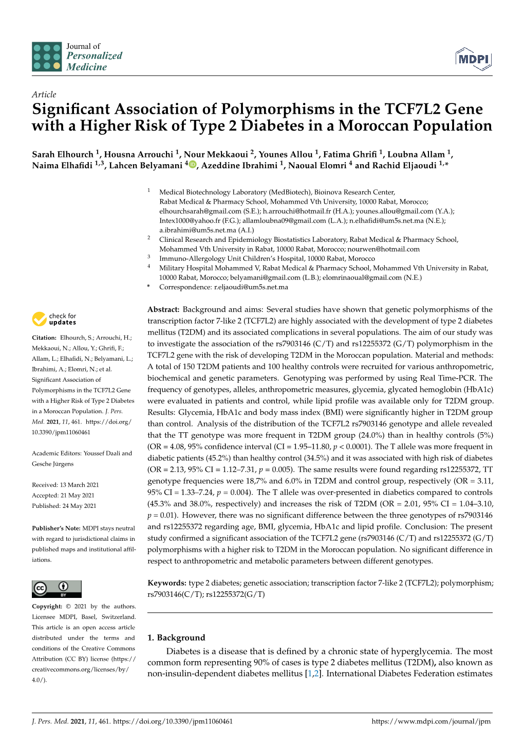 Significant Association of Polymorphisms in the TCF7L2 Gene with a Higher Risk of Type 2 Diabetes in a Moroccan Population
