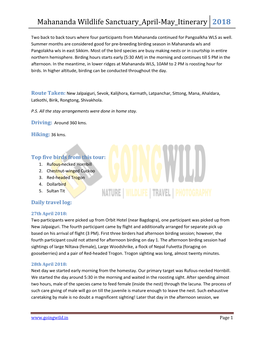 Mahananda Wildlife Sanctuary April-May Itinerary 2018