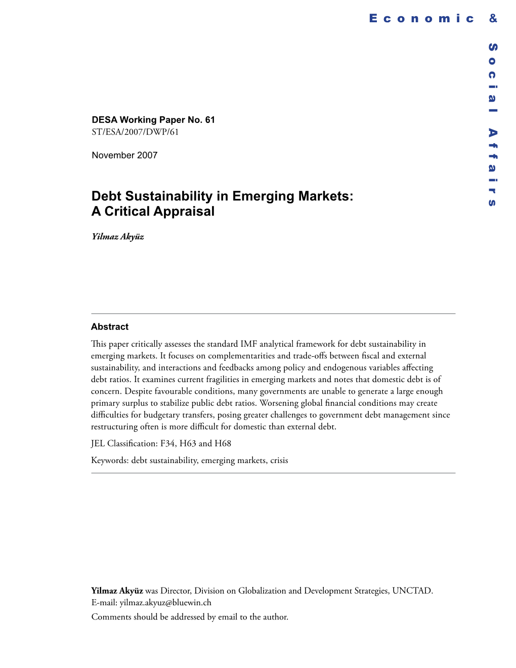 Debt Sustainability in Emerging Markets: a Critical Appraisal