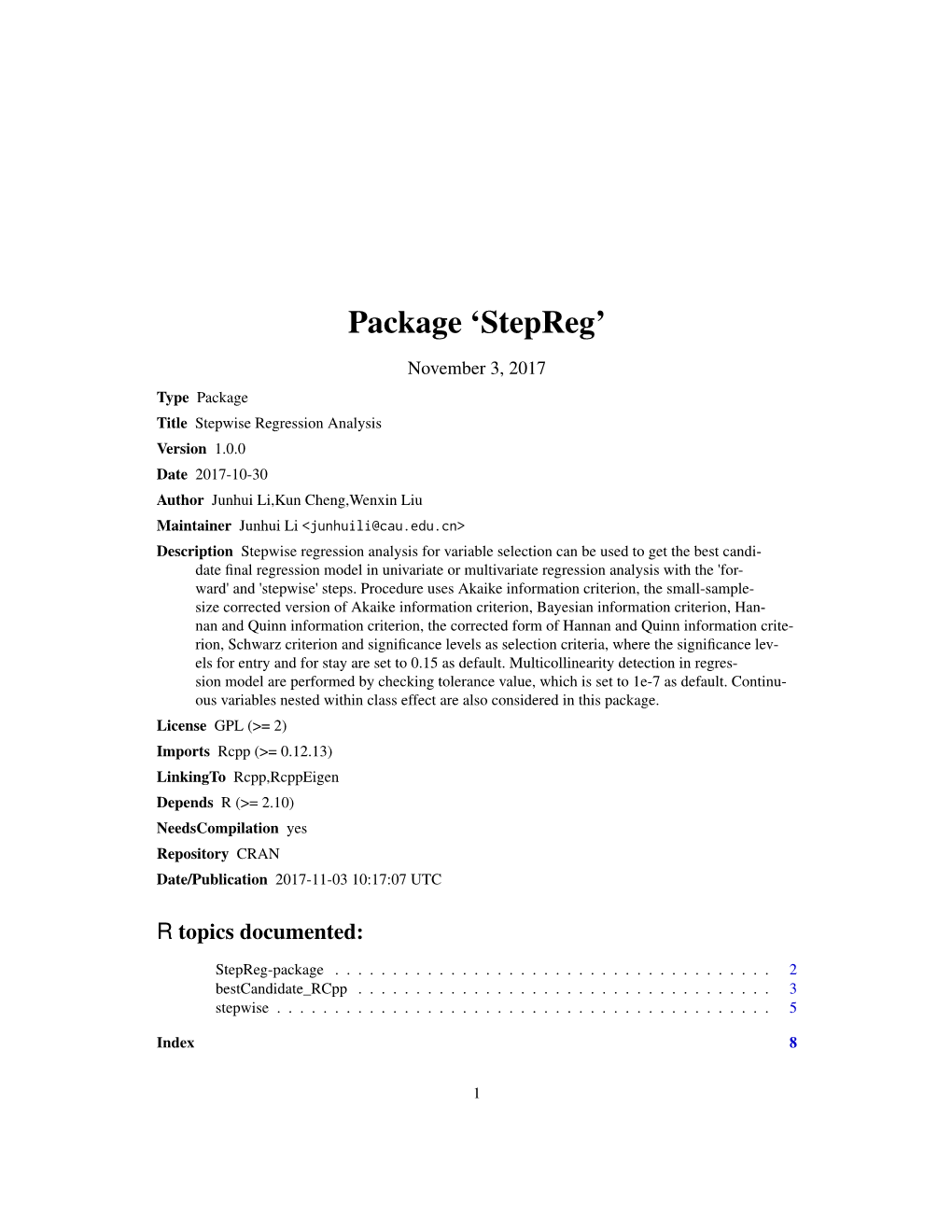 Package 'Stepreg'