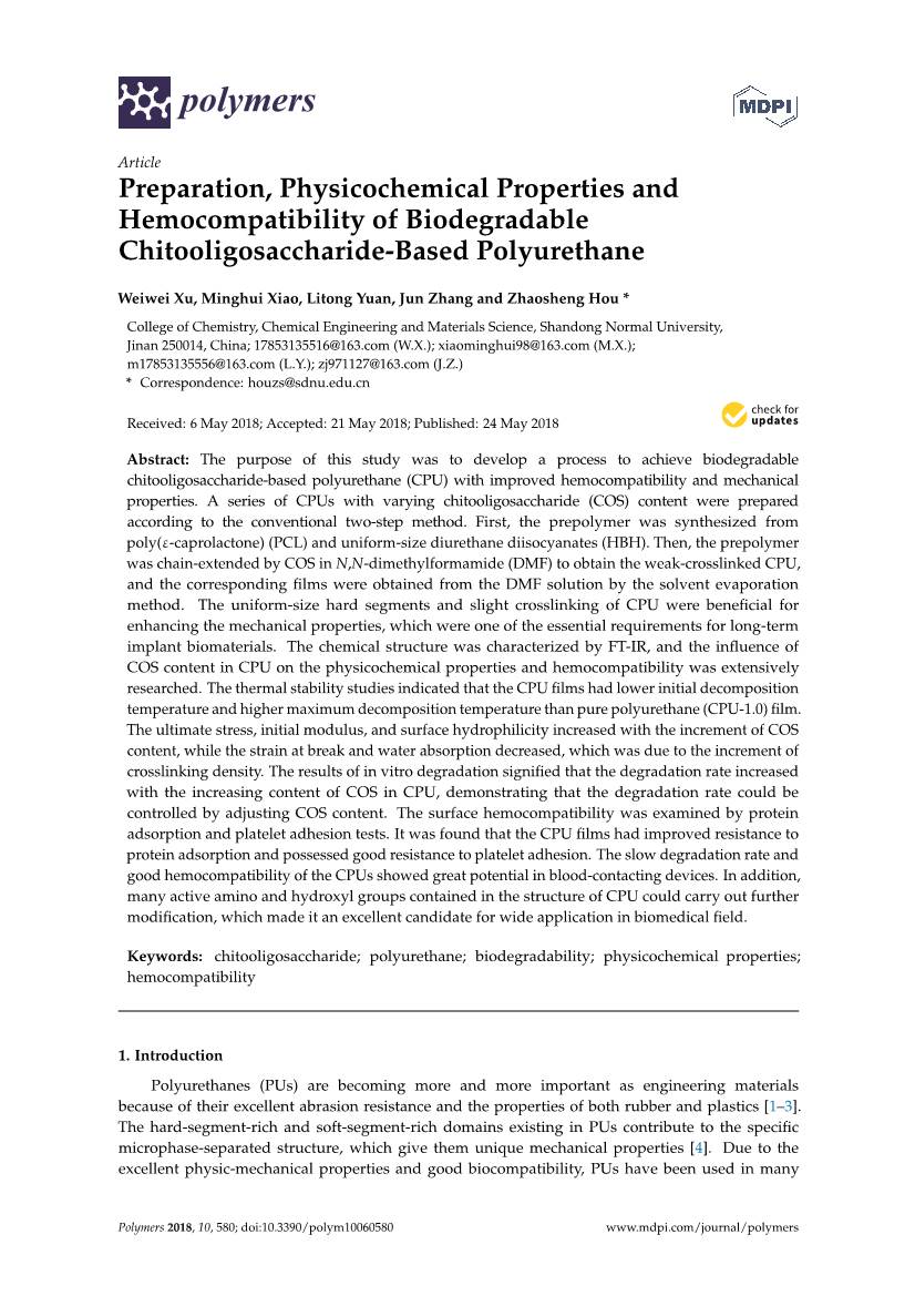 Preparation, Physicochemical Properties and Hemocompatibility of Biodegradable Chitooligosaccharide-Based Polyurethane