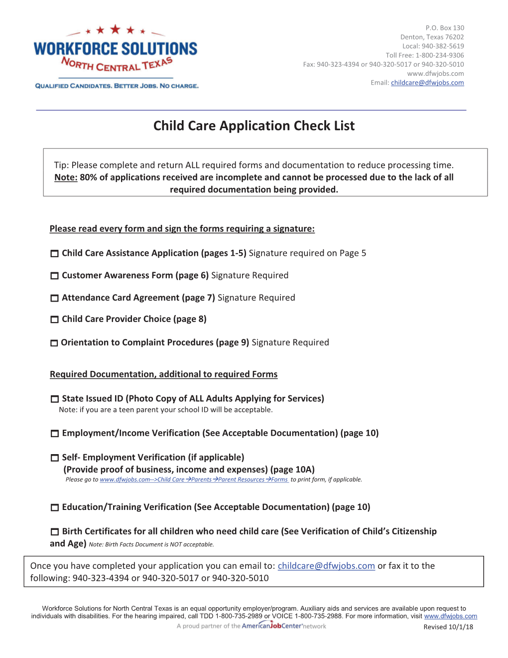 Child Care Application Check List