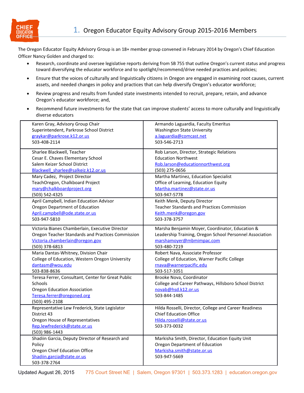 Oregon Educator Equity Advisory Group 2015-2016 Members