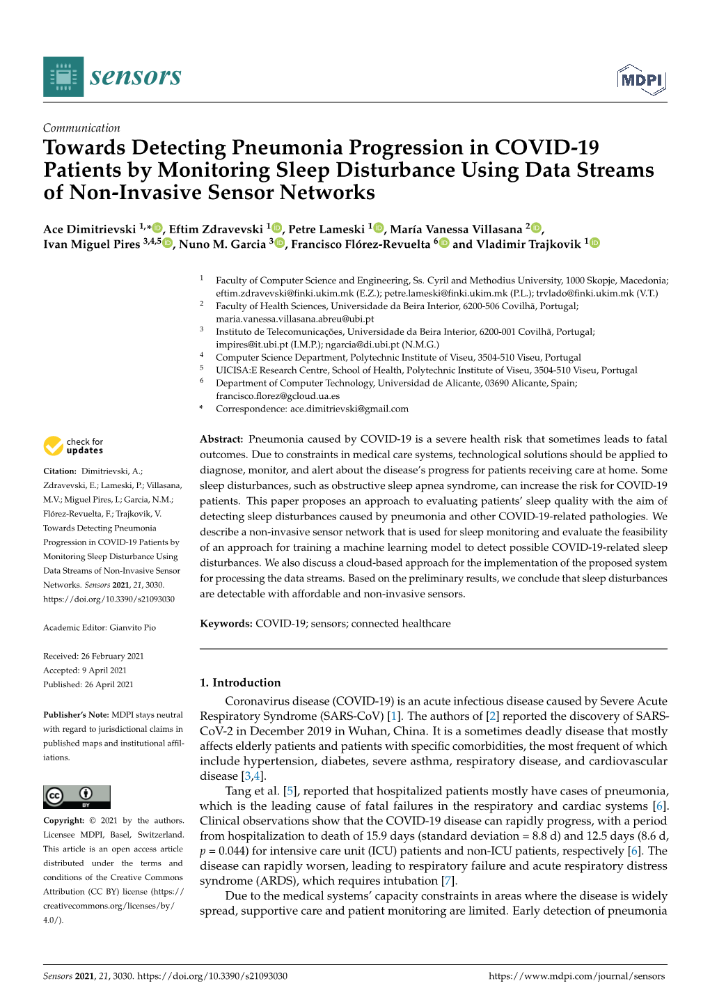 Towards Detecting Pneumonia Progression in COVID-19 Patients by Monitoring Sleep Disturbance Using Data Streams of Non-Invasive Sensor Networks