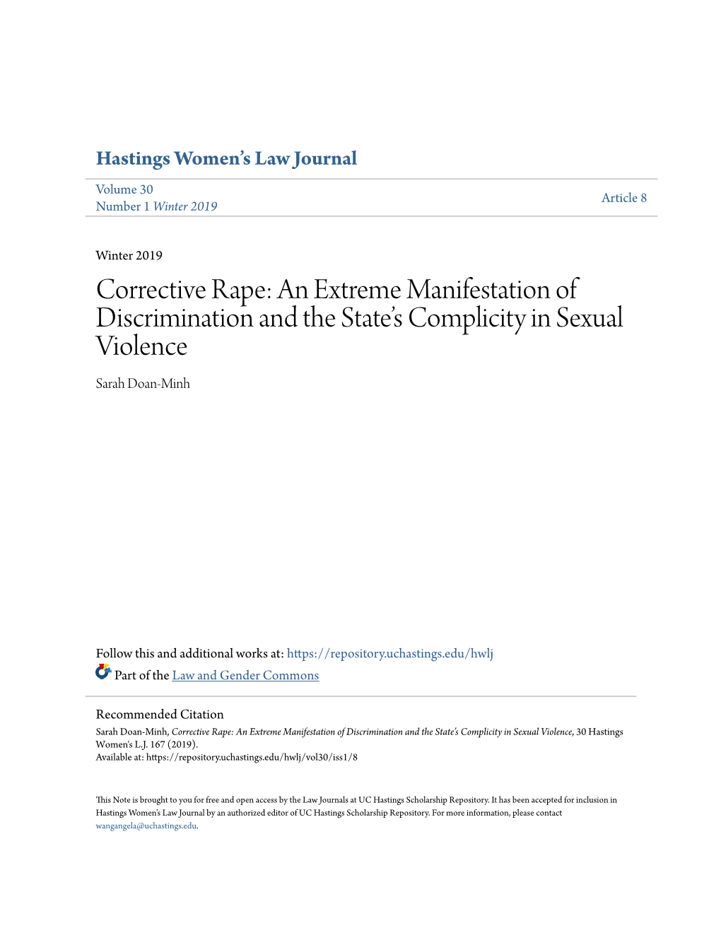 Corrective Rape: an Extreme Manifestation of Discrimination and the State’S Complicity in Sexual Violence Sarah Doan-Minh