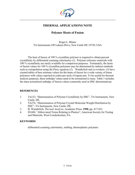 THERMAL APPLICATIONS NOTE Polymer Heats of Fusion