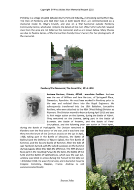 Pembrey War Memorial, the Great War, 1914-1918