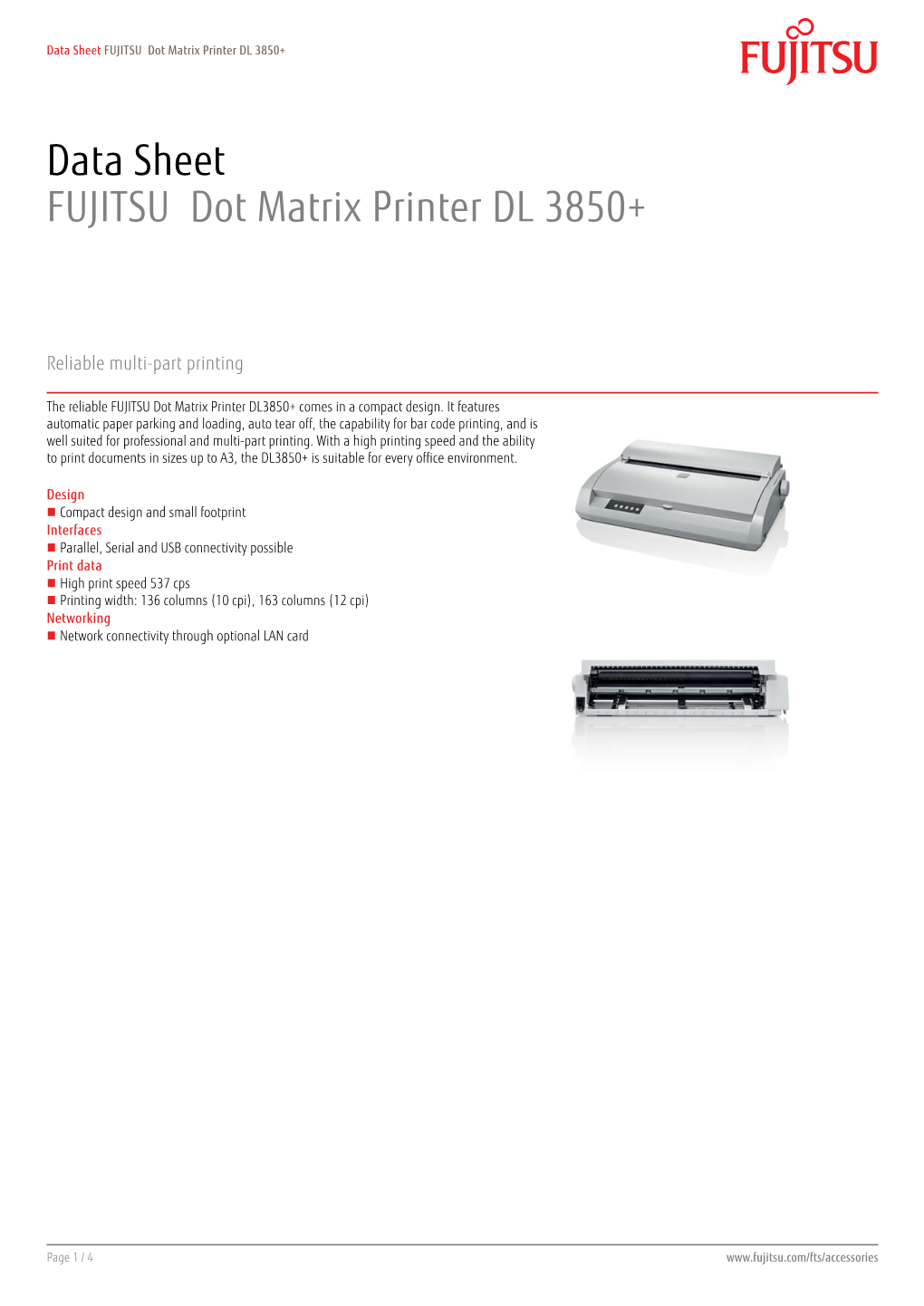 Data Sheet FUJITSU Dot Matrix Printer DL 3850+