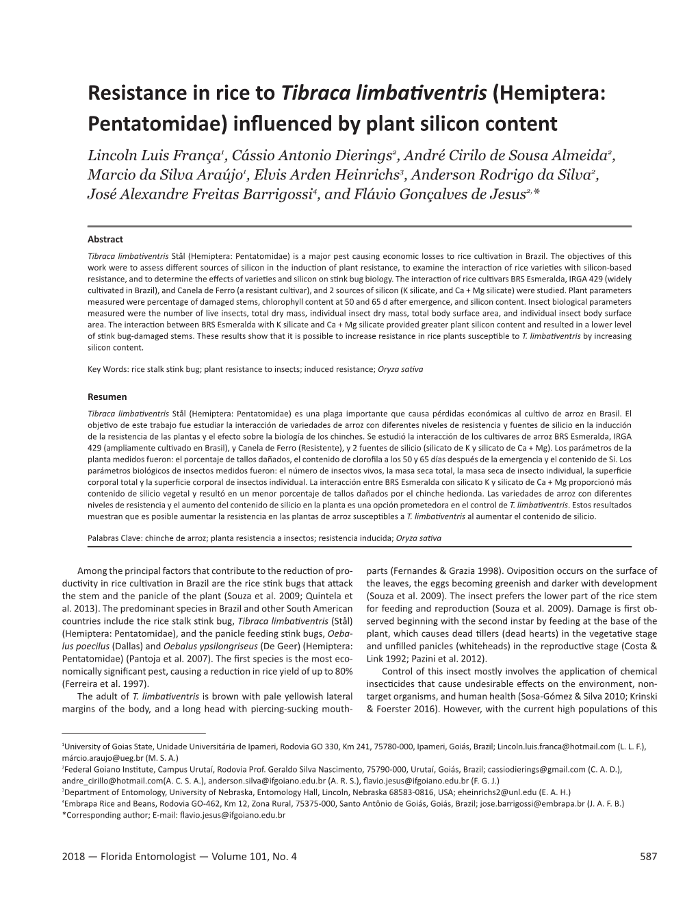 Resistance in Rice to Tibraca Limbativentris (Hemiptera: Pentatomidae) Influenced by Plant Silicon Content