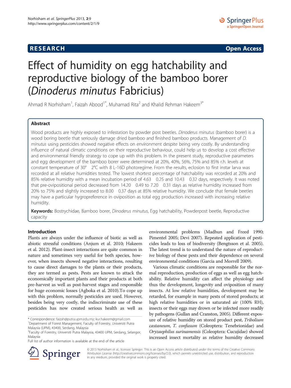 Effect of Humidity on Egg Hatchability and Reproductive Biology of the Bamboo Borer (Dinoderus Minutus Fabricius)