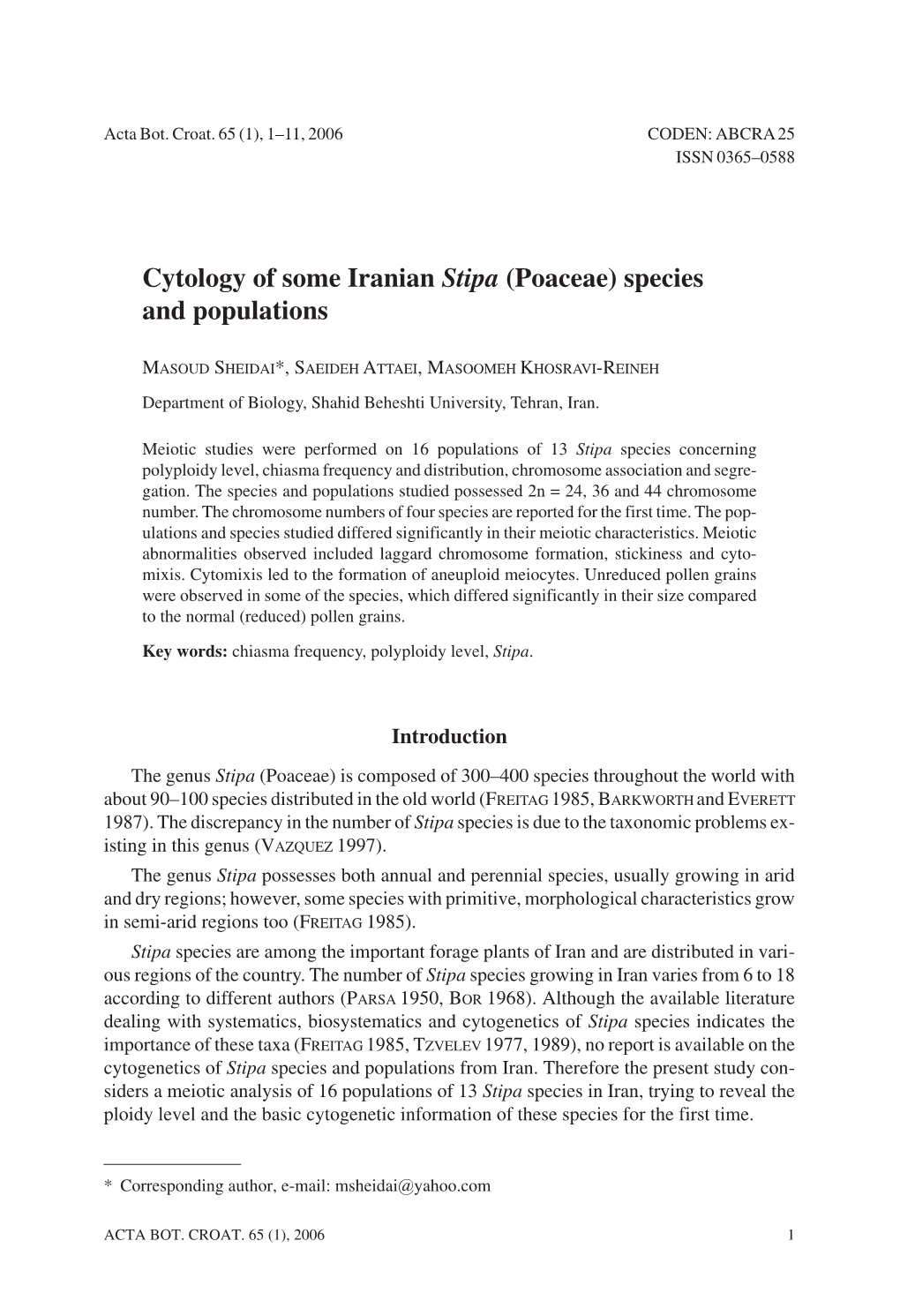 Cytology of Some Iranian Stipa (Poaceae) Species and Populations