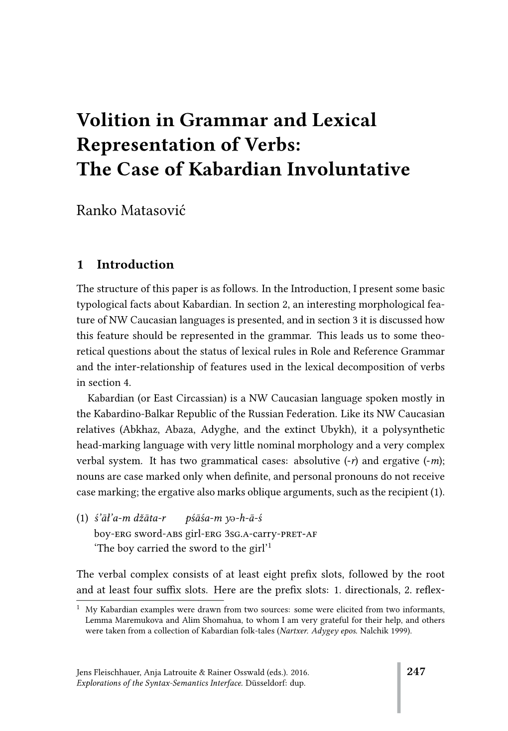 Volition in Grammar and Lexical Representation of Verbs: the Case of Kabardian Involuntative