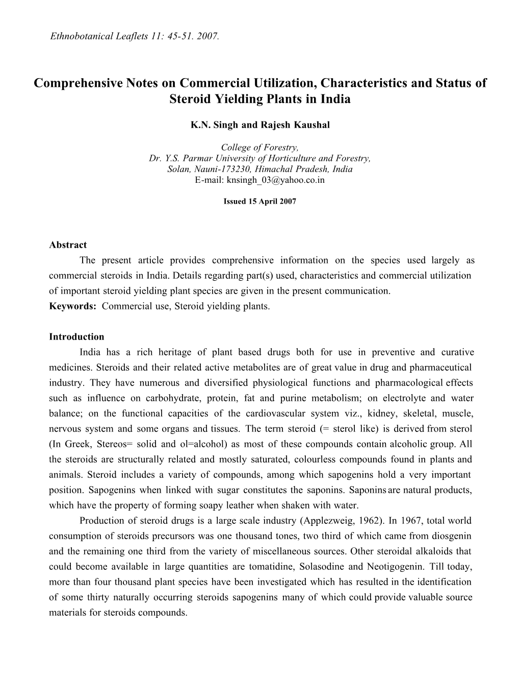 Comprehensive Notes on Commercial Utilization, Characteristics and Status of Steroid Yielding Plants in India