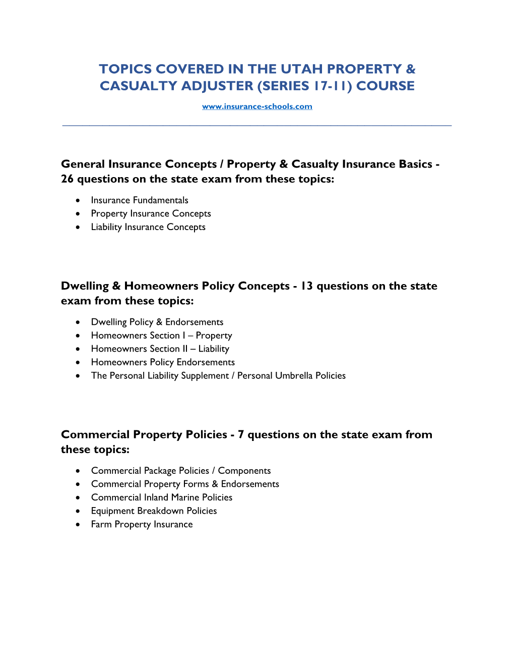 Topics Covered in the Utah Property & Casualty