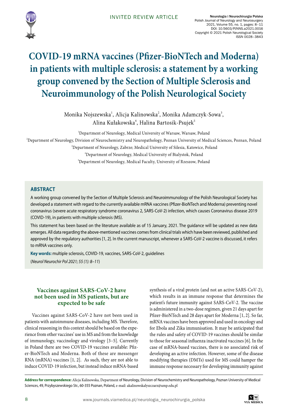 COVID-19 Mrna Vaccines (Pfizer-Biontech and Moderna) in Patients with Multiple Sclerosis: a Statement by a Working Group Convene