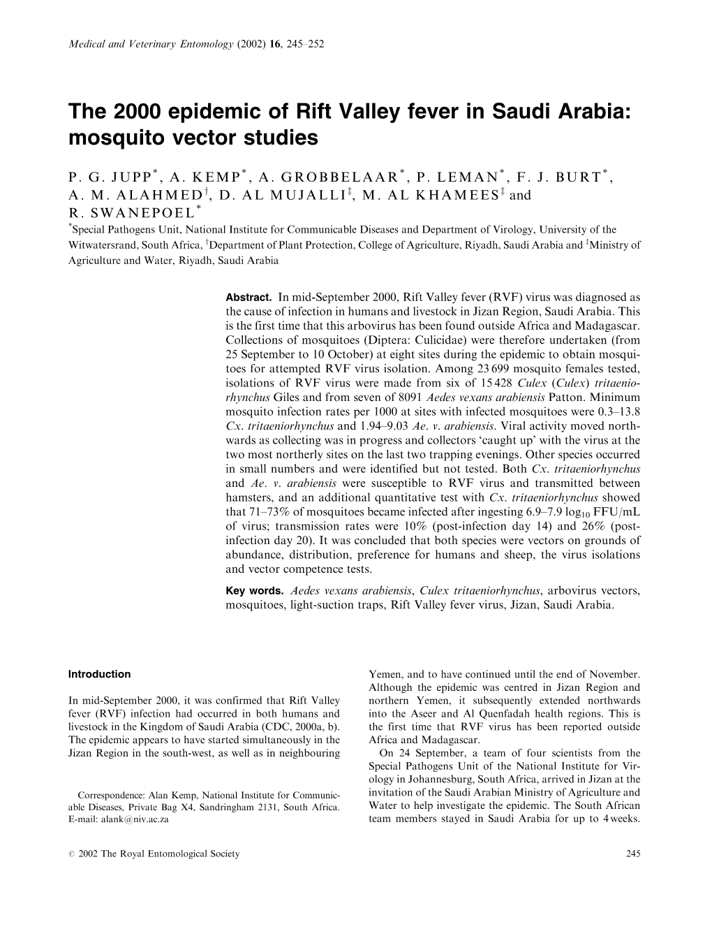 The 2000 Epidemic of Rift Valley Fever in Saudi Arabia: Mosquito Vector Studies