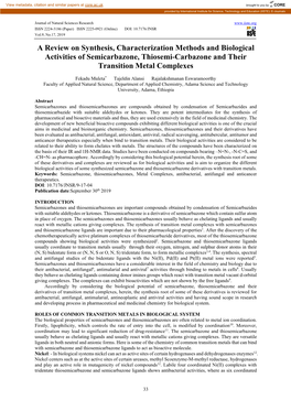 A Review on Synthesis, Characterization Methods and Biological Activities of Semicarbazone, Thiosemi-Carbazone and Their Transition Metal Complexes